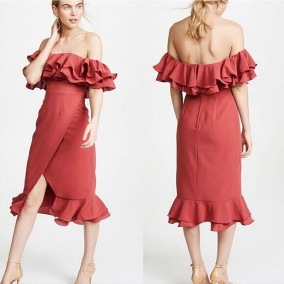C/Meo Collective‎ Rose Immerse Off The Shoulder Layered Ruffle Midi Sheath Dress - Picture 13 of 13